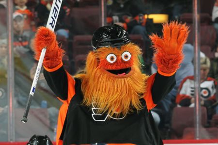 PHILADELPHIA, PA - OCTOBER 13:  Gritty, the mascot of the Philadelphia Flyers, celebrates in a hockey game during the second period intermission against the Vegas Golden Knights on October 13, 2018 at the Wells Fargo Center in Philadelphia, Pennsylvania.  (Photo by Len Redkoles/NHLI via Getty Images)