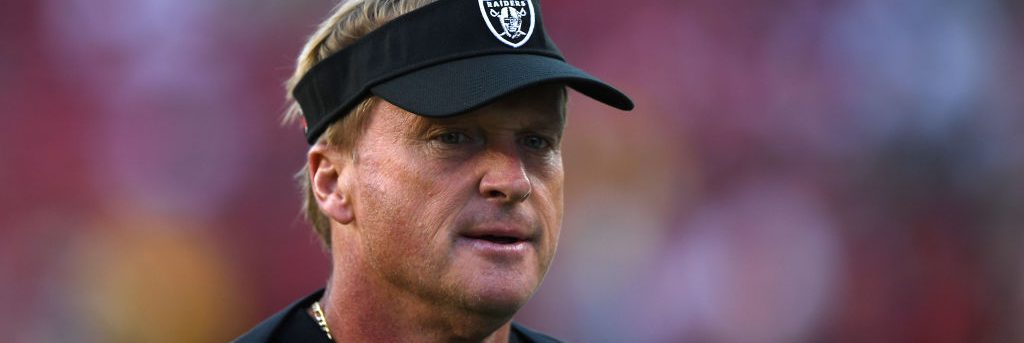 SANTA CLARA, CA - NOVEMBER 01: Head coach Jon Gruden of the Oakland Raiders looks on during warm ups prior to their game against the San Francisco 49ers at Levi's Stadium on November 1, 2018 in Santa Clara, California. (Photo by Thearon W. Henderson/Getty Images)