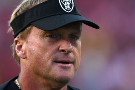 SANTA CLARA, CA - NOVEMBER 01: Head coach Jon Gruden of the Oakland Raiders looks on during warm ups prior to their game against the San Francisco 49ers at Levi's Stadium on November 1, 2018 in Santa Clara, California. (Photo by Thearon W. Henderson/Getty Images)