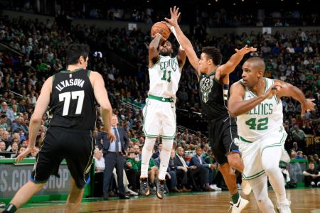BOSTON, MA - NOVEMBER 1: Kyrie Irving #11 of the Boston Celtics shoots the ball against the Milwaukee Bucks on November 1, 2018 at the TD Garden in Boston, Massachusetts. (Photo by Brian Babineau/NBAE via Getty Images)