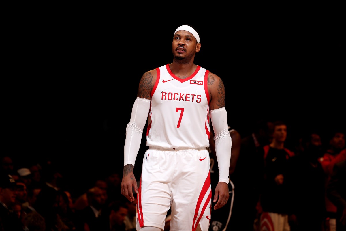 Carmelo Anthony #7 of the Houston Rockets looks on against the Brooklyn Nets on November 2, 2018 at Madison Square Garden in New York City, New York.  (Photo by Nathaniel S. Butler/NBAE via Getty Images)