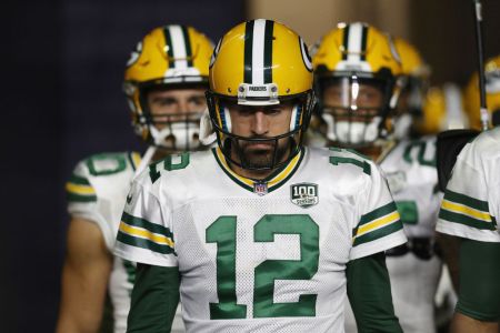 FOXBOROUGH, MA - NOVEMBER 04:  Aaron Rodgers #12 of the Green Bay Packers walks through the tunnel before the game against the New England Patriots at Gillette Stadium on November 4, 2018 in Foxborough, Massachusetts.  (Photo by Maddie Meyer/Getty Images)