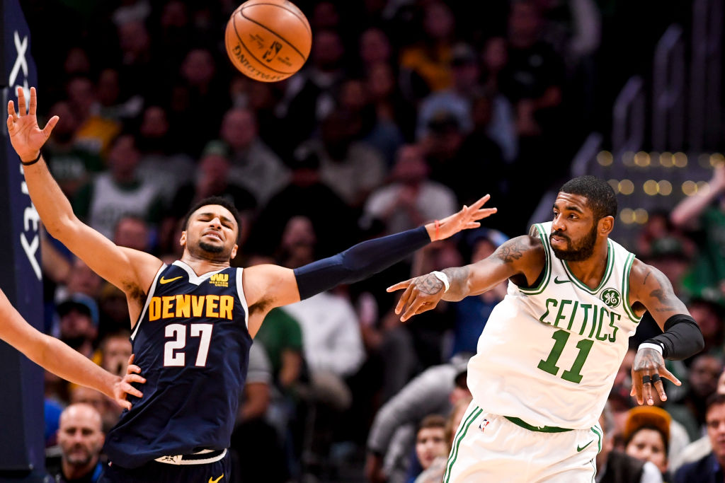DENVER, CO - NOVEMBER 5: Jamal Murray (27) of the Denver Nuggets defends as Kyrie Irving (11) of the Boston Celtics passes during the second half of the Nuggets' 115-107 win on Monday, November 5, 2018. Jamal Murray (27) of the Denver Nuggets had a game and career high 48 points. (Photo by AAron Ontiveroz/The Denver Post via Getty Images)