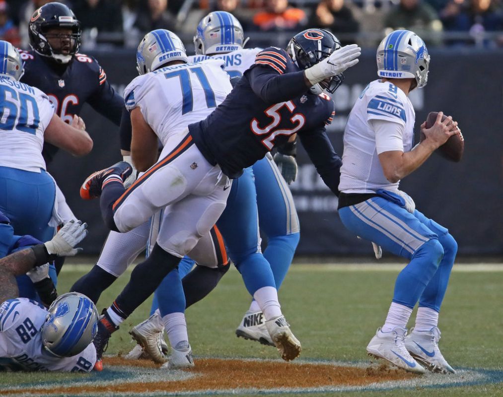 Khalil Mack #52 of the Chicago Bears scks Matthew Stafford #9 of the Detroit Lions at Soldier Field on November 11, 2018 in Chicago, Illinois. The Bears defeated the Lions 34-22.  (Photo by Jonathan Daniel/Getty Images)