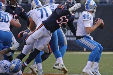 Khalil Mack #52 of the Chicago Bears scks Matthew Stafford #9 of the Detroit Lions at Soldier Field on November 11, 2018 in Chicago, Illinois. The Bears defeated the Lions 34-22.  (Photo by Jonathan Daniel/Getty Images)