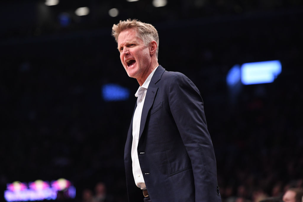 Head Coach Steve Kerr of the Golden State Warriors reacts during the game against the Brooklyn Nets at Barclays Center on October 28, 2018 in the Brooklyn borough of New York City. (Photo by Matteo Marchi/Getty Images)