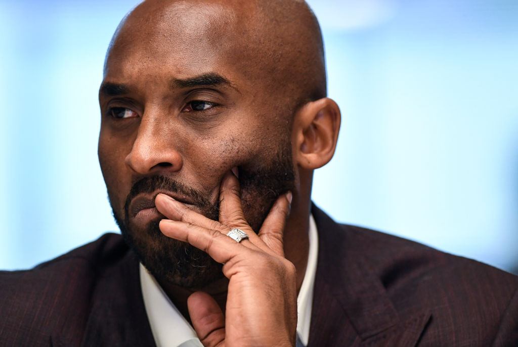 Kobe Bryant talks with reporters at the Washington Post after attending the Aspen Institute's Project Play Summit at the Knight Conference Center at the Newseum in Washington, DC, on Tuesday, October 17, 2018.  (Photo by Toni L. Sandys/The Washington Post via Getty Images)