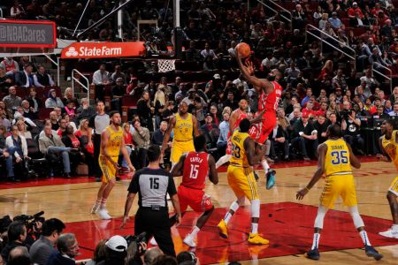 HOUSTON, TX - NOVEMBER 15: James Harden #13 of the Houston Rockets shoots the ball against the Golden State Warriors on November 15, 2018 at the Toyota Center in Houston, Texas. (Photo by Bill Baptist/NBAE via Getty Images)