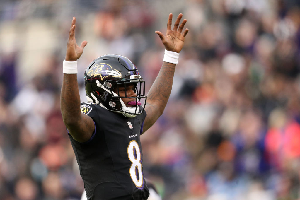Quarterback Lamar Jackson #8 of the Baltimore Ravens reacts after a touchdown in the third quarter against the Cincinnati Bengals at M&T Bank Stadium on November 18, 2018 in Baltimore, Maryland. (Photo by Patrick Smith/Getty Images)