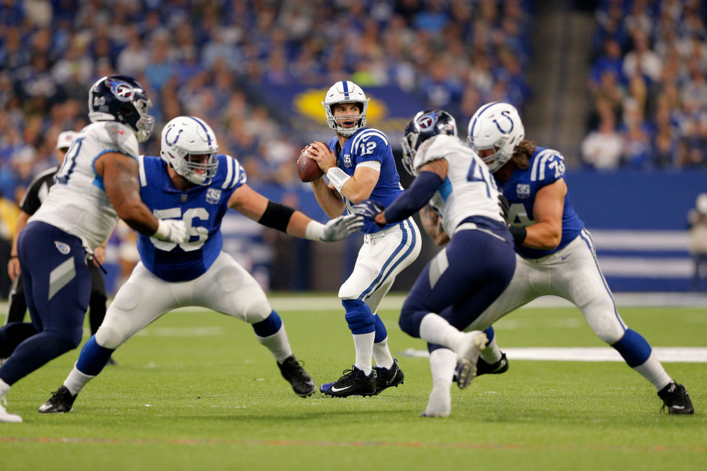 INDIANAPOLIS, IN - NOVEMBER 18: Indianapolis Colts Quarterback Andrew Luck (12) looks down field to make the pass during the NFL game between the Tennessee Titans and Indianapolis Colts on November 18, 2018, at Lucas Oil Stadium in Indianapolis, IN. (Photo by Jeffrey Brown/Icon Sportswire via Getty Images)