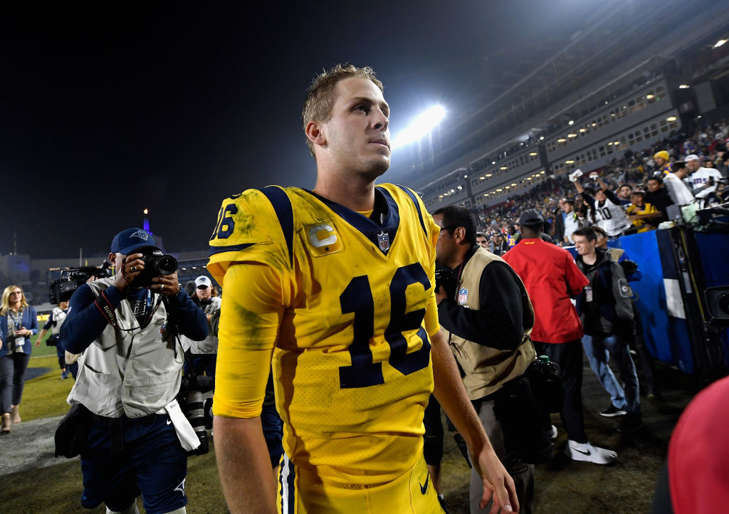 LOS ANGELES, CA - NOVEMBER 19:  Quarterback Jared Goff #16 of the Los Angeles Rams leaves the field after the Rams defeated the Kansas City Chiefs with the score of 54-51 at Los Angeles Memorial Coliseum on November 19, 2018 in Los Angeles, California.  (Photo by Kevork Djansezian/Getty Images)