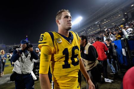 LOS ANGELES, CA - NOVEMBER 19:  Quarterback Jared Goff #16 of the Los Angeles Rams leaves the field after the Rams defeated the Kansas City Chiefs with the score of 54-51 at Los Angeles Memorial Coliseum on November 19, 2018 in Los Angeles, California.  (Photo by Kevork Djansezian/Getty Images)