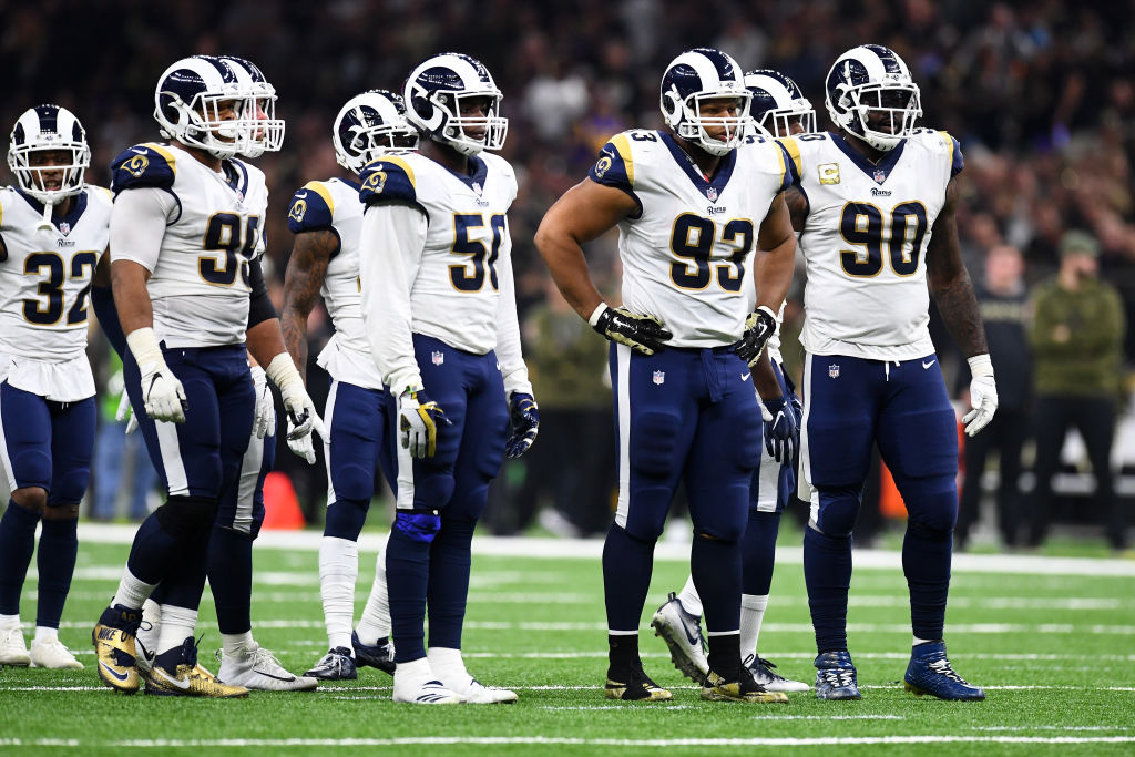 NEW ORLEANS, LA - NOVEMBER 4: Ndamukong Suh #93 of the Los Angeles Rams and the Los Angeles Rams defense lines up against the New Orleans Saints at the Mercedes Benz Superdome on November 4, 2018 in New Orleans, Louisiana. (Photo by Scott Cunningham/Getty Images)