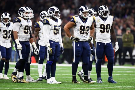 NEW ORLEANS, LA - NOVEMBER 4: Ndamukong Suh #93 of the Los Angeles Rams and the Los Angeles Rams defense lines up against the New Orleans Saints at the Mercedes Benz Superdome on November 4, 2018 in New Orleans, Louisiana. (Photo by Scott Cunningham/Getty Images)