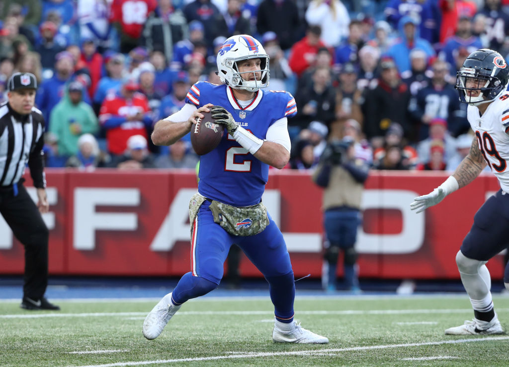 BUFFALO, NY - NOVEMBER 04: Nathan Peterman #2 of the Buffalo Bills looks for a receiver during NFL game action against the Chicago Bears at New Era Field on November 4, 2018 in Buffalo, New York. (Photo by Tom Szczerbowski/Getty Images)