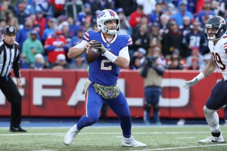 BUFFALO, NY - NOVEMBER 04: Nathan Peterman #2 of the Buffalo Bills looks for a receiver during NFL game action against the Chicago Bears at New Era Field on November 4, 2018 in Buffalo, New York. (Photo by Tom Szczerbowski/Getty Images)