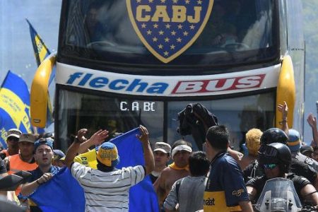 TOPSHOT - Picture released by Telam showing the Boca Juniors team bus leaving their hotel on the way to the Monumental stadium in Buenos Aires, on November 24, 2018 to play the second leg match of the all-Argentine Copa Libertadores final against River Plate, before it was attacked y River fans. (Photo by JOSE ROMERO/AFP/Getty Images)