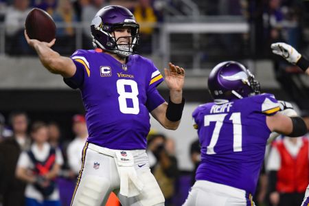 Minnesota Vikings Quarterback Kirk Cousins (8) makes a throw during an NFL game between the Minnesota Vikings and Green Bay Packers on November 25, 2018 at U.S. Bank Stadium in Minneapolis, Minnesota. The Vikings defeated the Packers 24-17.(Photo by Nick Wosika/Icon Sportswire via Getty Images)