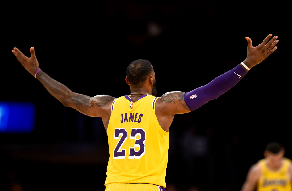 LOS ANGELES, CA - NOVEMBER 29: The Lakers' LeBron James #23 reacts after hitting a 3-point shot late in the game against the Pacers at the Staples Center in Los Angeles, Thursday, Nov 29, 2018. The Lakers beat the Pacers 104-96. (Photo by Hans Gutknecht/Digital First Media/Los Angeles Daily News via Getty Images)