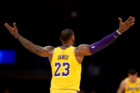 LOS ANGELES, CA - NOVEMBER 29: The Lakers' LeBron James #23 reacts after hitting a 3-point shot late in the game against the Pacers at the Staples Center in Los Angeles, Thursday, Nov 29, 2018. The Lakers beat the Pacers 104-96. (Photo by Hans Gutknecht/Digital First Media/Los Angeles Daily News via Getty Images)