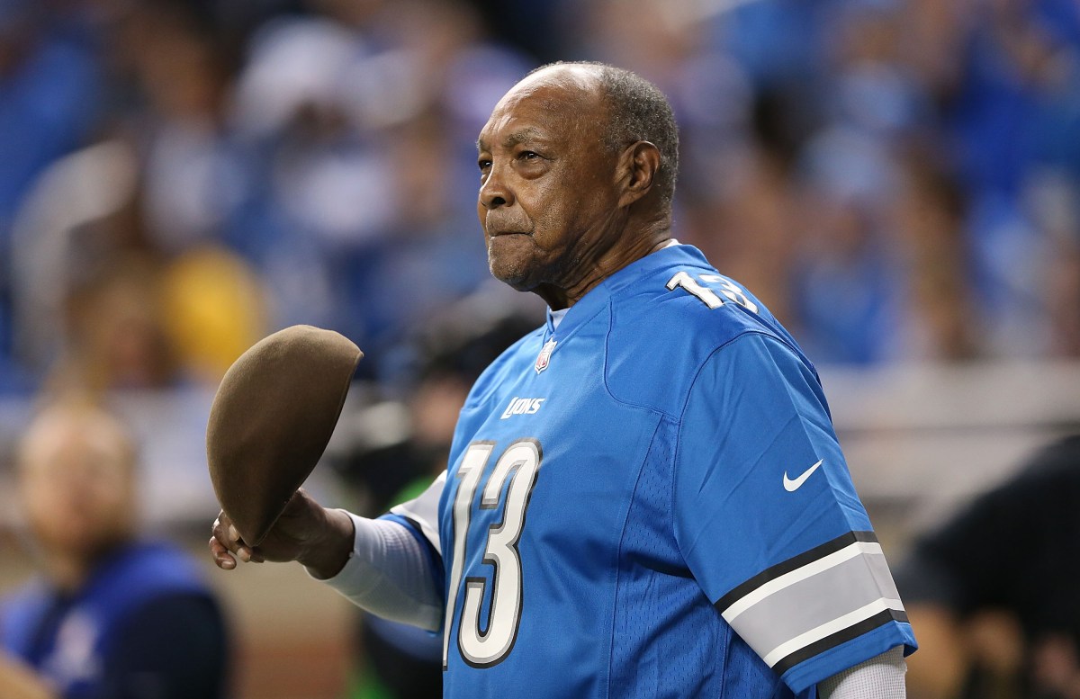 DETROIT, MI - DECEMBER 16:  Former Detroit Lions player Wallace "Wally" Triplett waves to the fans during the game against the Baltimore Ravens at Ford Field on December 16, 2013 in Detroit, Michigan.  (Photo by Leon Halip/Getty Images)