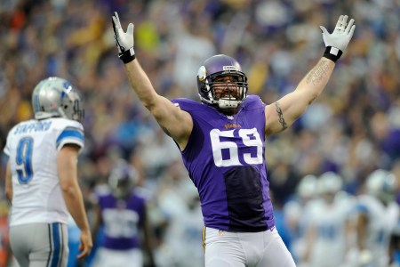 MINNEAPOLIS, MN - DECEMBER 29: Jared Allen #69 of the Minnesota Vikings celebrates a sack as Matthew Stafford #9 of the Detroit Lions looks on during the first quarter of the game on December 29, 2013 at Mall of America Field at the Hubert H. Humphrey Metrodome in Minneapolis, Minnesota. (Photo by Hannah Foslien/Getty Images)