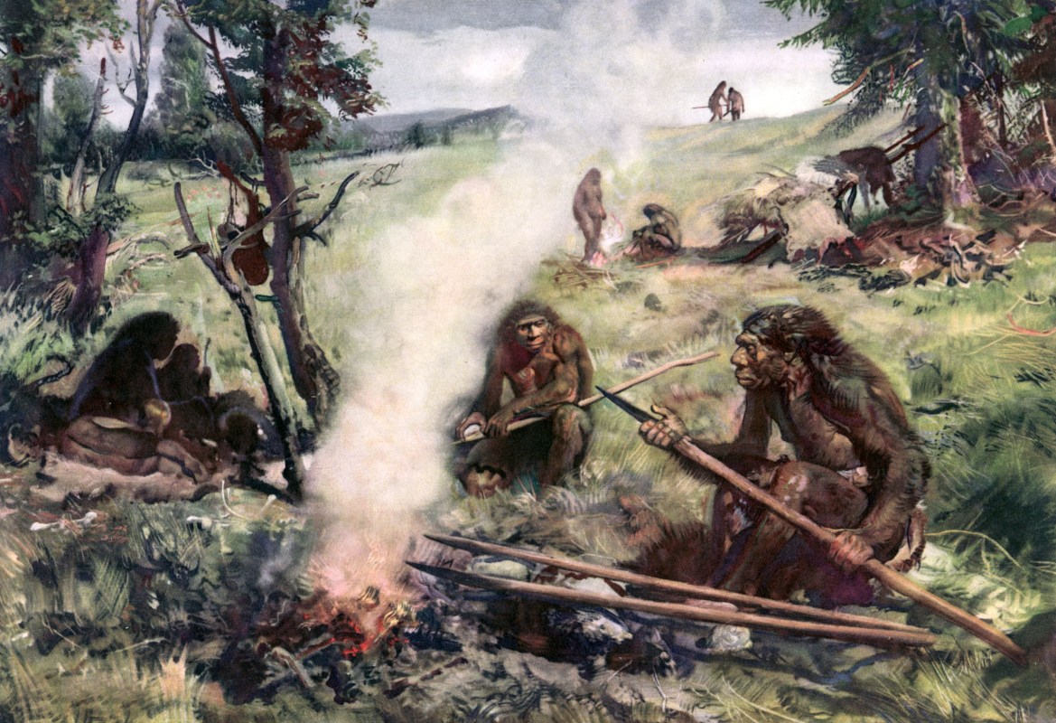 Illustration of Neanderthal man sitting around fire holding lance-like weapon; circa 30,000 BC.  (Photo by Time Life Pictures/Mansell/The LIFE Picture Collection/Getty Images)