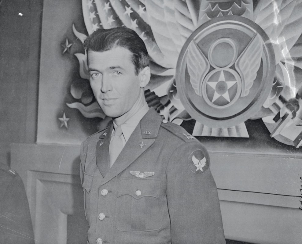 (Original Caption) Commands Bomber Squadron. England: Captain James Stewart has changed his occupation from making feminine hearts throb to making bomber motors roar over occupied territory. The popular film star has arrived in Britain where he commands a squadron of liberator bombers. Captain Stewart, who enlisted in the United States Army nearly three years ago, was a private for nine months.
