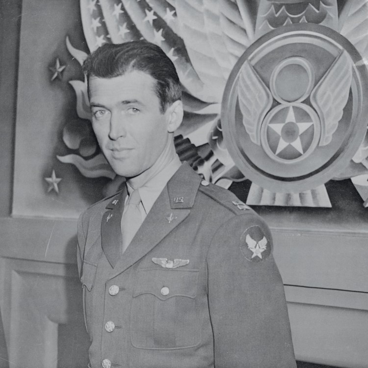 (Original Caption) Commands Bomber Squadron. England: Captain James Stewart has changed his occupation from making feminine hearts throb to making bomber motors roar over occupied territory. The popular film star has arrived in Britain where he commands a squadron of liberator bombers. Captain Stewart, who enlisted in the United States Army nearly three years ago, was a private for nine months.