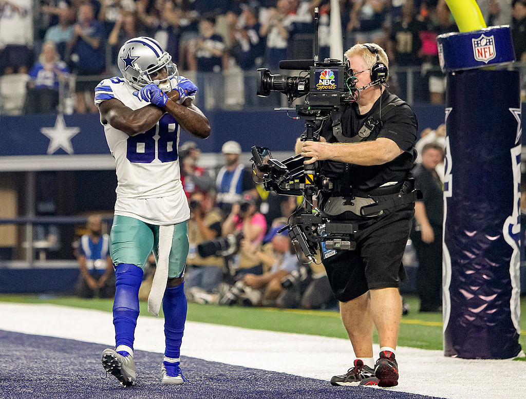 25 SEP 2016: Dallas Cowboys Wide Receiver Dez Bryant (88) [11280] shows his signature X to the TV camera after scoring a touchdown during the NFL game between the Dallas Cowboys and the Chicago Bears at AT&T Stadium in Arlington, TX.  (Photo by Andrew Dieb/Icon Sportswire via Getty Images)