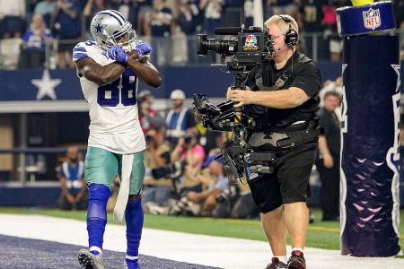 25 SEP 2016: Dallas Cowboys Wide Receiver Dez Bryant (88) [11280] shows his signature X to the TV camera after scoring a touchdown during the NFL game between the Dallas Cowboys and the Chicago Bears at AT&T Stadium in Arlington, TX.  (Photo by Andrew Dieb/Icon Sportswire via Getty Images)