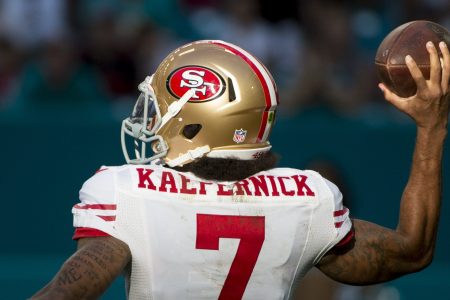 San Francisco 49ers Quarterback Colin Kaepernick (7) throws the ball during the NFL football game between the San Francisco 49ers and the Miami Dolphins on November 27, 2016, at the Hard Rock Stadium in Miami Gardens, FL. (Photo by Doug Murray/Icon Sportswire via Getty Images)