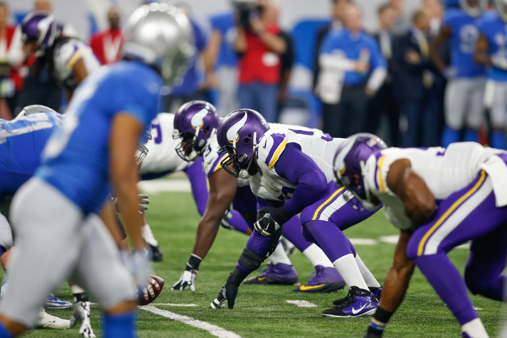 DETROIT, MI - NOVEMBER 23: The Minnesota defensive line waits for the ball to be snapped during game action between the Minnesota Vikings and the Detroit Lions on November 23, 2017 at Ford Field in Detroit, Michigan. (Photo by Scott W. Grau/Icon Sportswire via Getty Images)