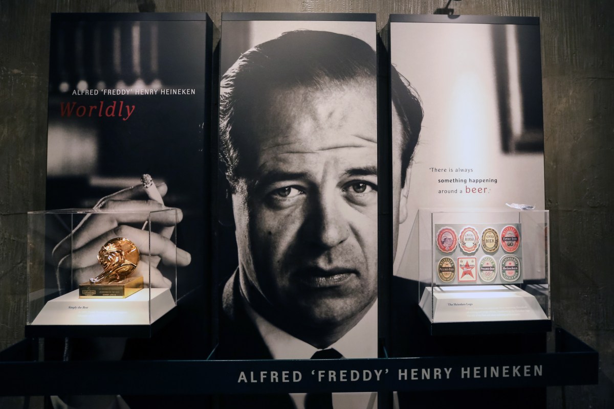 AMSTERDAM, NETHERLANDS - DECEMBER 21, 2017: A portrait of Dutch businessman Alfred Henry "Freddy" Heineken, chairman of the Board of Directors and executive director of Heineken International (1971-1989), on display at the Heineken Experience brewery tour and visitor center. The facility, built in 1867, served as Heineken's primary brewery until 1988. Alexander Ryumin/TASS (Photo by Alexander RyuminTASS via Getty Images)