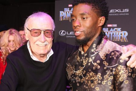 Executive producer Stan Lee (L) and actor Chadwick Boseman at the Los Angeles World Premiere of Marvel Studios' BLACK PANTHER at Dolby Theatre on January 29, 2018 in Hollywood, California.  (Photo by Jesse Grant/Getty Images for Disney)