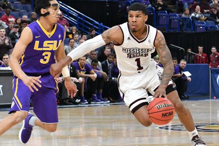 ST.  LOUIS, MO - MARCH 08: Mississippi State guard Lamar Peters (1) drives around LSU guard Tremont Waters (3) during a Southeastern Conference Basketball Tournament game between LSU and Mississippi State on March 08, 2018, at Scottrade Center, St. Louis, MO. (Photo by Keith Gillett/Icon Sportswire via Getty Images).