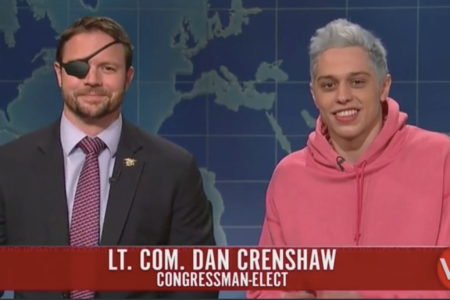 Former Lt. Com. Dan Crenshaw (left) appearing alongside cast member Pete Davidson on SNL's "Weekend Update," November 11, 2018. (Photo credit: NBC)