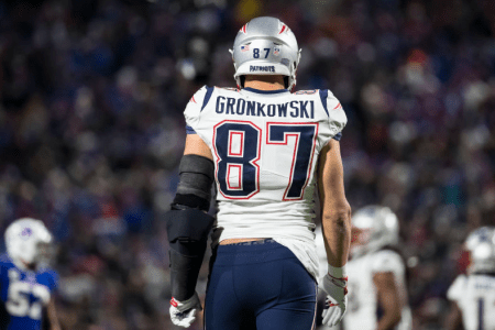 ORCHARD PARK, NY - OCTOBER 29: Detail of Rob Gronkowski #87 of the New England Patriots jersey nameplate during the second quarter against the Buffalo Bills at New Era Field on October 29, 2018 in Orchard Park, New York. New England defeats Buffalo 25-6. (Photo by Brett Carlsen/Getty Images)