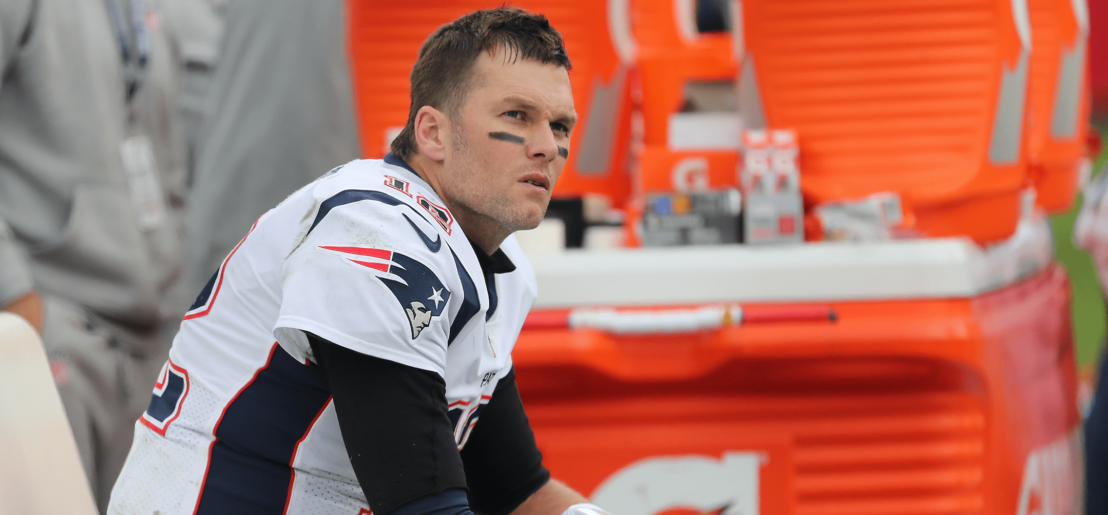 NASHVILLE, TN - NOVEMBER 11: New England Patriots Tom Brady sits on the bench after getting pulled with more than 7 minutes left in the game against the Tennessee Titans during fourth quarter action at Nissan Field in Nashville on Nov. 11, 2018. (Photo by Matthew J. Lee/The Boston Globe via Getty Images)
