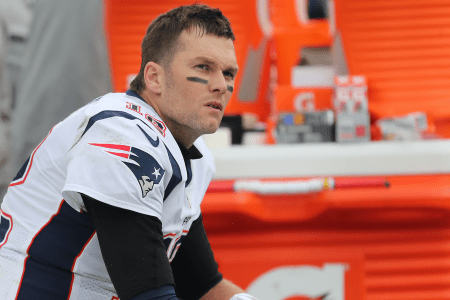 NASHVILLE, TN - NOVEMBER 11: New England Patriots Tom Brady sits on the bench after getting pulled with more than 7 minutes left in the game against the Tennessee Titans during fourth quarter action at Nissan Field in Nashville on Nov. 11, 2018. (Photo by Matthew J. Lee/The Boston Globe via Getty Images)