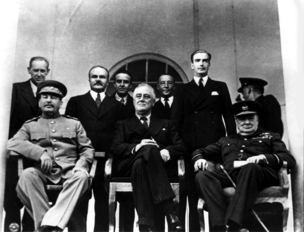 [Original caption] Teheran conference. From the l. to the r.: Joseph Stalin, Franklin D. Roosevelt and Winston Churchill, 1943, Iran - World War II. (Photo by: Photo12/UIG via Getty Images)