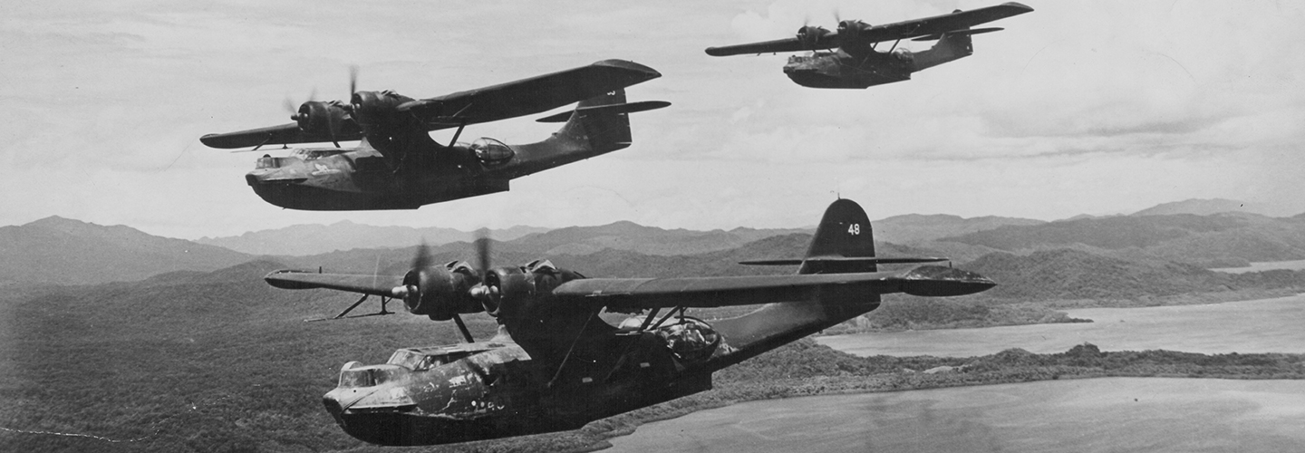 Consolidated PBT Catalina amphibious aircraft, of the Black Cat Squadron, patrolling the coasts during the Pacific Campaign of World War Two, circa 1941-1944. (Photo by US Navy/Getty Images)