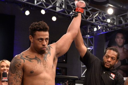 Greg Hardy celebrates after his TKO victory over Tebaris Gordon in their heavyweight fight during Dana White's Tuesday Night Contender Series at the TUF Gym on August 7, 2018 in Las Vegas, Nevada. (Photo by Chris Unger/DWTNCS LLC)