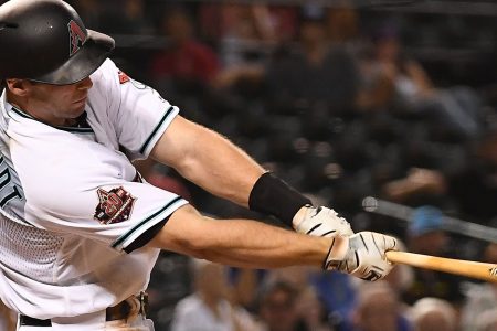 Paul Goldschmidt #44 of the Arizona Diamondbacks hits an RBI double in the eighth inning of the MLB game against the Philadelphia Phillies at Chase Field on August 7, 2018 in Phoenix, Arizona.  (Photo by Jennifer Stewart/Getty Images)