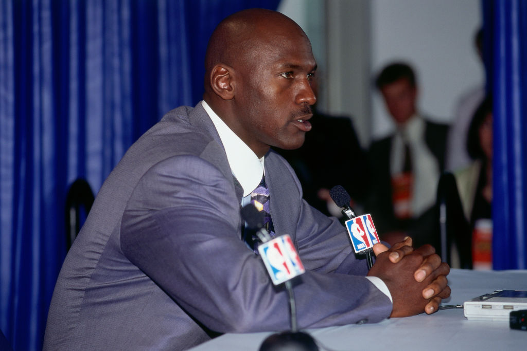 SALT LAKE CITY, UT - JUNE 8: Michael Jordan #23 of the Chicago Bulls talks with media at the post game interview after the game against the Utah Jazz on June 8, 1997 at the Delta Center in Salt Lake City, UT. (Photo by Barry Gossage/NBAE via Getty Images)