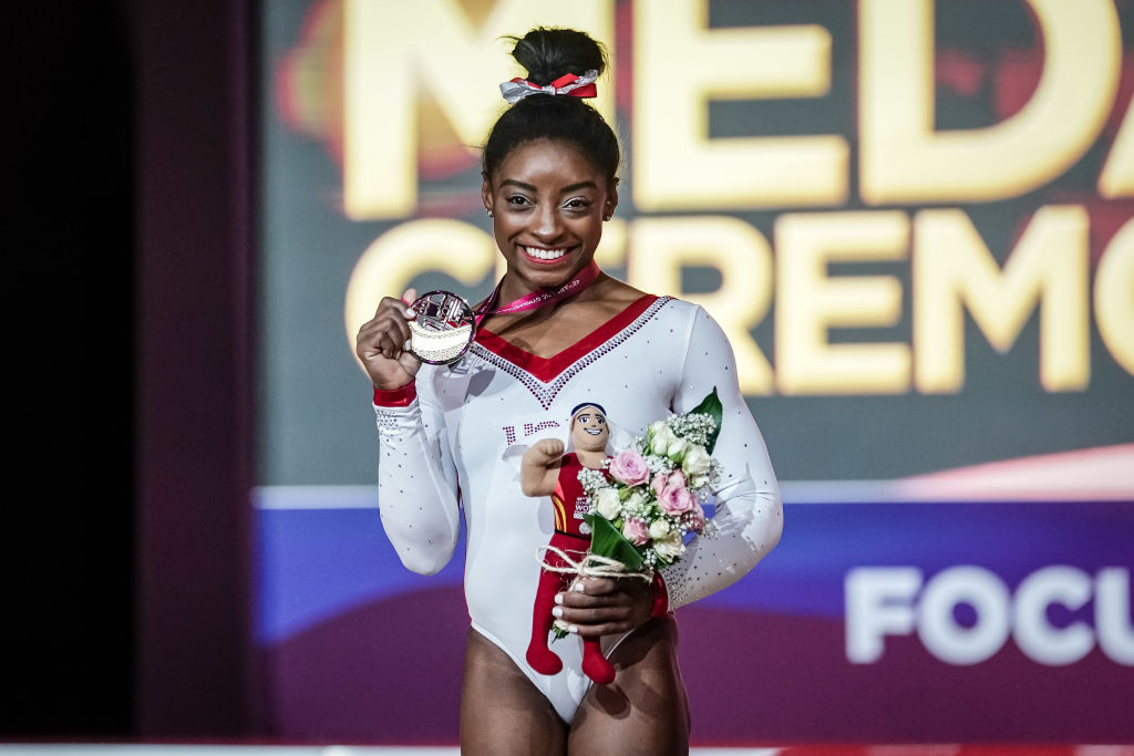 Simone Biles of  United States with the gold medal at Vault for Women at the Aspire Dome in Doha, Qatar, Artistic FIG Gymnastics World Championships on 2 of November 2018. (Photo by Ulrik Pedersen/NurPhoto via Getty Images)