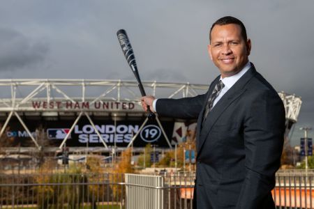 LONDON, ENGLAND - NOVEMBER 19:  MLB Legend Alex Rodriguez is seen promoting the Mitel & MLB Present London Series on Monday, November 19, 2018 in London England. (Photo by Thomas Lovelock/MLB Photos via Getty Images)