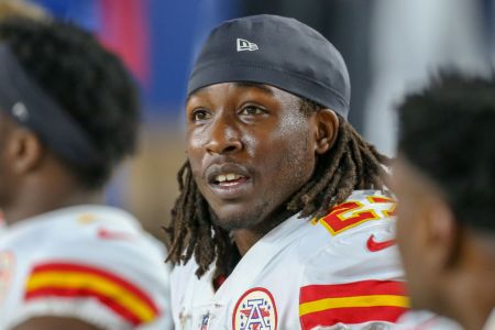 Kansas City Chiefs running back Kareem Hunt (27) on the sidelines during a NFL game between the Kansas City Chiefs and the Los Angeles Rams on November 19, 2018 at the Los Angeles Memorial Coliseum in Los Angeles, CA. (Photo by Jordon Kelly/Icon Sportswire via Getty Images)