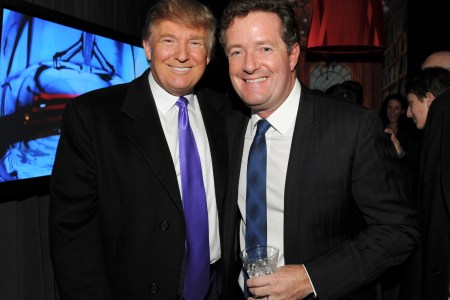 Then-television personality Donald Trump and Piers Morgan attend the celebration of Perfumania and Kim Kardashians appearance on NBCs "The Apprentice" at the Provocateur at The Hotel Gansevoort on November 10, 2010 in New York, New York.  (Photo by Mathew Imaging/WireImage)