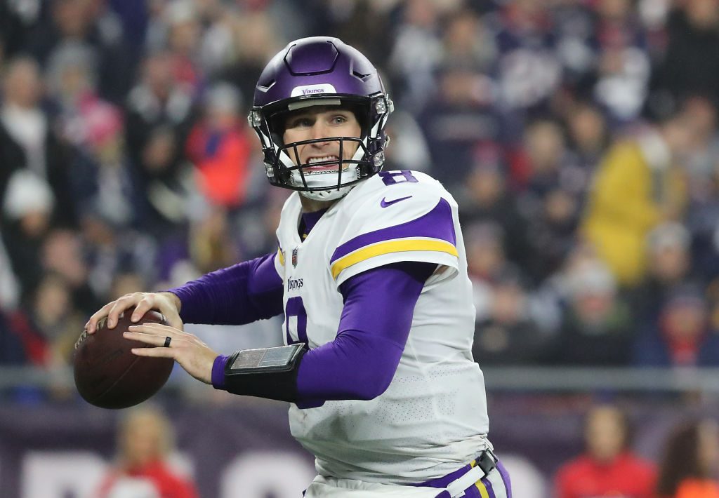 FOXBOROUGH, MA - DECEMBER 2: Minnesota Vikings quarterback Kirk Cousins against the New England Patriots during third quarter action at Gillette Stadium in Foxborough on Dec. 02, 2018. (Photo by Matthew J. Lee/The Boston Globe via Getty Images)